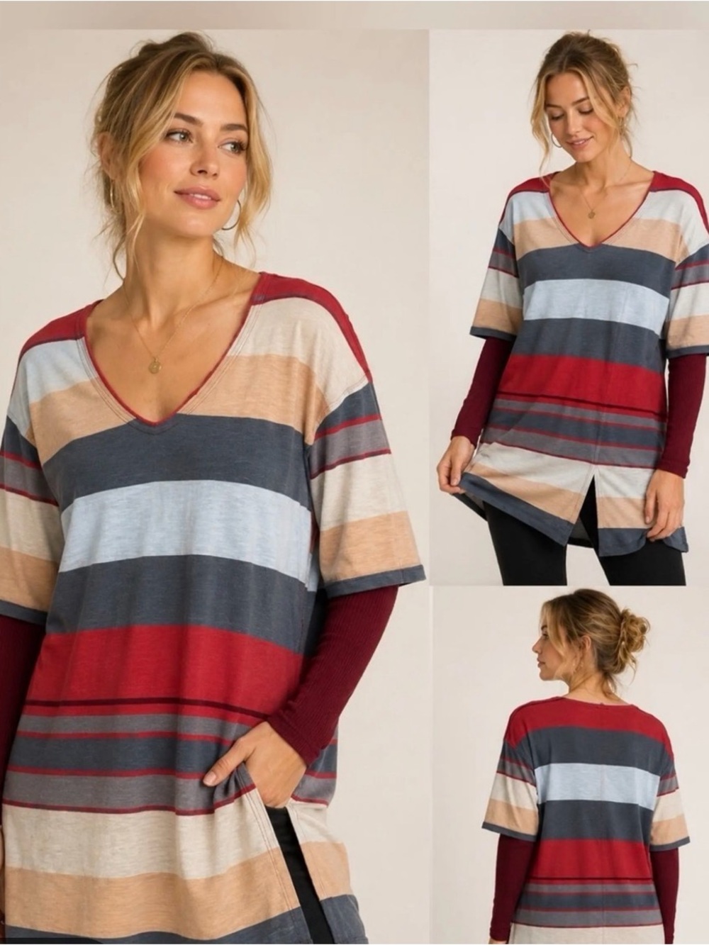 We The Free Striped Longline V-Neck Tunic - Red, Navy & Cream